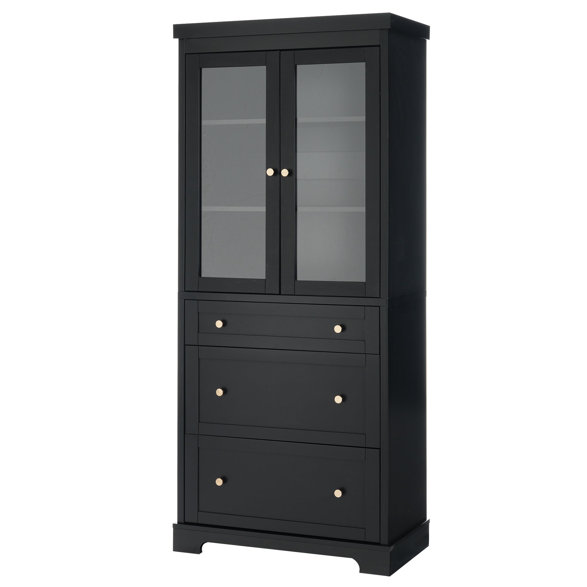 VanityFus Black 15.7-in x 30.1-in x 70.1-in Wood Freestanding Soft Close Linen Cabinet adjustable shelves 2 Soft close doors 3 drawers
